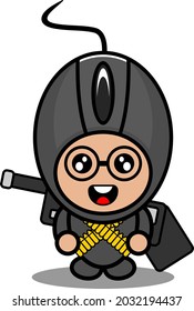 doodle vector cartoon character cute computer mouse mascot costume soldier carrying gun and bullet