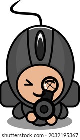 doodle vector cartoon character cute computer mouse mascot costume soldier shooting prone