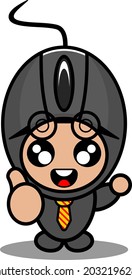 doodle vector caricatura personaje adorable computadora ratón mascota empresario de disfraces con pulgares hacia arriba