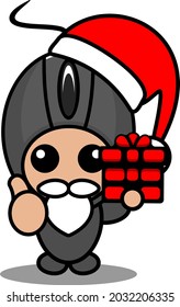 doodle vector cartoon character cute computer mouse mascot costume christmas hat holding gift thumbs up