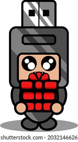 caricatura de vector doodle lindo flash drive personaje de disfraces de mascota sujetando un regalo