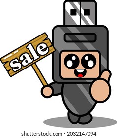 doodle vector cartoon cute flash drive mascot costume character holding sale board with thumbs up