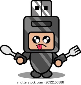 doodle vector cartoon cute flash drive mascot costume character holding spoon and fork