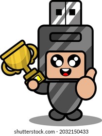 caricatura del vector doodle lindo flash drive mascota personaje sujetando el trofeo con los pulgares hacia arriba