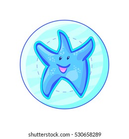 Doodle vector cartoon cute funny round icon with colorful character, happy blue starfish