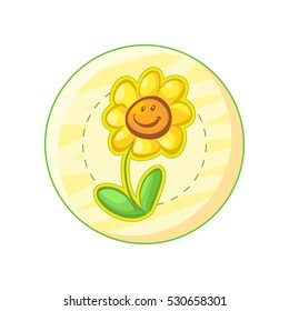 Doodle vector cartoon cute funny round icon with colorful character, happy yellow flower