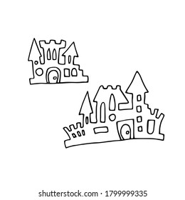 Doodle vector castles set. Hand drawn houses isolated on white background. Outline towers for children's prints, Halloween, packaging, clothing. Cartoon castle with windows, fence, doors illustration