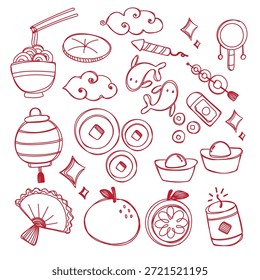 Vector Doodle para la celebración del año nuevo chino con Elementos de linterna de estilo doodle y tiene un color de contorno rojo