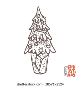 Doodle vector Christmas tree with decoration in the pot. Vector doodle sketch hand drawn illustration