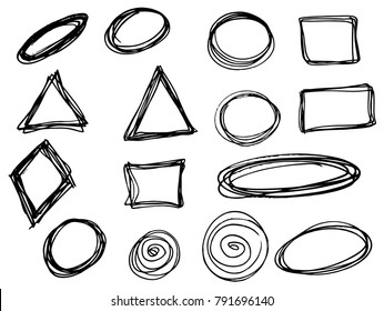Doodle vector circles, ellipses, triangles and rectangles. Hand drawn set.