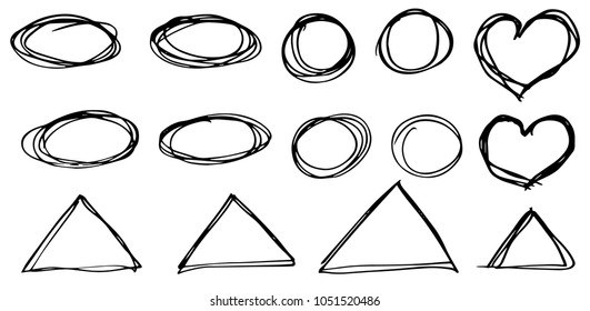 Doodle vector circles, triangles and hearts. Hand drawn set
