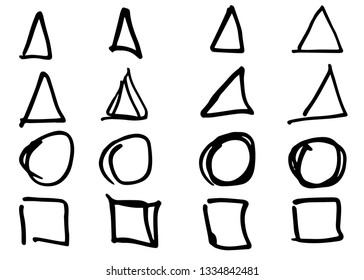 Doodle vector circles, triangles and rectangles. Hand drawn set