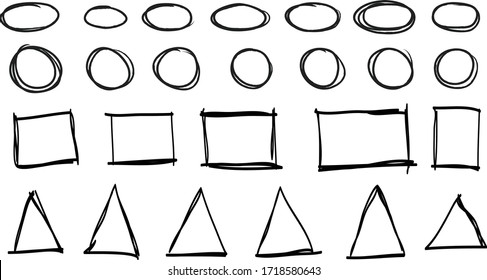 Doodle vector circles, triangles and rectangles. vector doddle set.