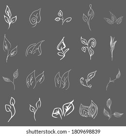 Colección vectorial Doodle de 20 elementos florales dibujados a mano. Gran colección de 20 hojas dibujadas a mano. Gran conjunto floral botánico aislado en un fondo gris