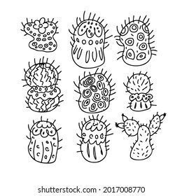Doodle vector collection of cacti in monochrome. Perfect for T-shirt, textile and prints. Hand drawn illustration for decor and design.

