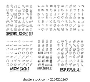 Doodle Vector collection of Christmas, Arrow, Bottle, Radio and Food.