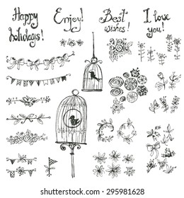 Doodle vector collection of decoration: a bird in a cage, flowers, garlands, flags and ribbons, labels, wedding decor