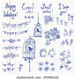 Doodle vector collection of decoration on the exercise book: a bird in a cage, flowers, garlands, flags and ribbons, labels, wedding decor