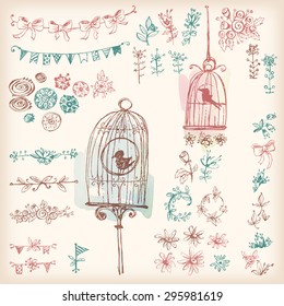 Doodle vector collection of decoration with watercolor background: a bird in a cage, flowers, garlands, flags and ribbons, labels, wedding decor