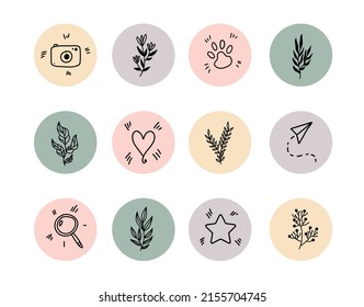 Doodle vector collection of hand drawn social media highlights cover. Beautiful life style icons backgrounds for stories with floral elements, heart, star, camera, loop, dog paw