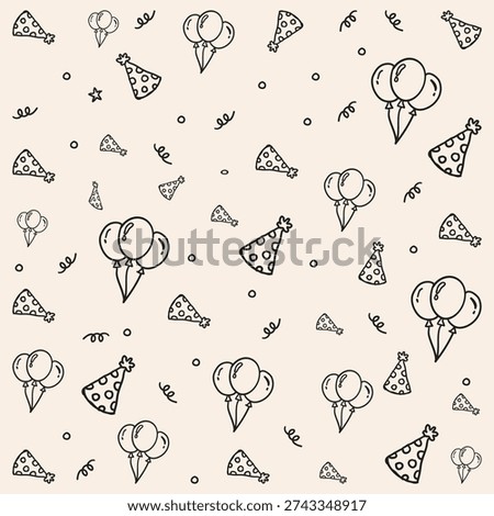 A doodle vector collection of happy birthday illustrations including balloons, ice cream cones, pizza slices, and confetti for party decorations and cards