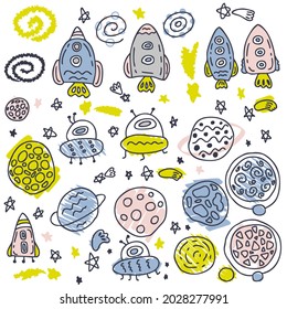 Doodle Vektorgrafik von Raketen und Planeten im Weltraum. Perfekt für Scrapbooking, Aufkleber, Textilien und Drucke. Handgezeichnete Illustration für Dekoration und Design.
