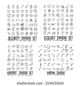 Doodle Vector Sammlung von Sicherheit, Ökologie, Flughafen und Pfeil.