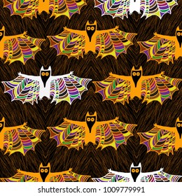 Doodle vector colofful pattern with bats. Halloween bat background.