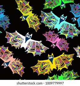 Doodle vector colofful pattern with bats. Halloween bat background.