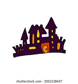 Doodle vector color creepy castle. Hand-drawn house isolated on white background. Cartoon tower for scary print, Halloween, packaging, clothing. Cartoon castle with windows, fence, doors illustration