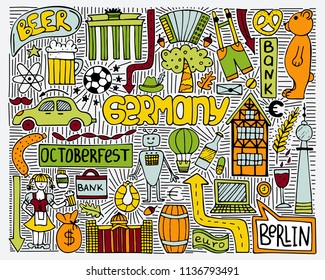 Doodle vector color poster with Germany symbols. Wall art.