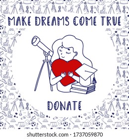 Doodle vector concept of charity education and donate online. Provide with support and money to kids around the world. Scholarship donation for children of different nationalities.