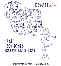 Doodle vector concept of charity and gratitude. Making donations online for scholarship illustration. Help people of different nationalities. Giving clothes for people in need. Vector. 