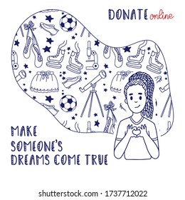 Doodle vector concept of charity and gratitude. Donate online for scholarship illustration. Giving help for people of different nationalities. Send clothes for people in need. Make dreams come true.