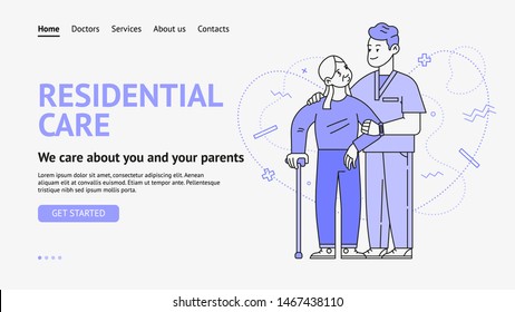 Doodle vector concept digital illustration - a nurse supports the elderly patient with his hand. Home medical service, part of insurance plan. Residential care. 