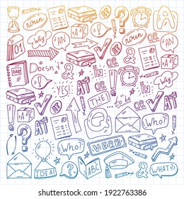 Doodle vector concept illustration of learning English language. English language courses. School. College. University.