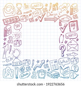 Doodle vector concept illustration of learning English language. English language courses. School. College. University.