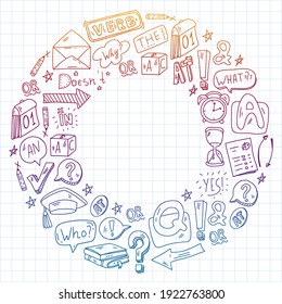Doodle Vektorgrafik des Lernens der englischen Sprache. Englischkurse. Schule. College. Universität.