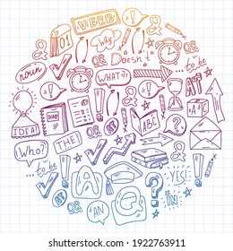 Doodle vector concept illustration of learning English language. English language courses. School. College. University.