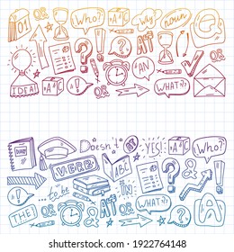 Doodle vector concept illustration of learning English language. English language courses. School. College. University.