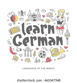 Doodle vector concept illustration of learning German language, getting education in Germany