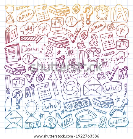 Doodle vector concept illustration of learning English language. English language courses. School. College. University.