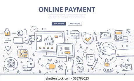 Doodle vector concept illustration of making online payment via internet services. E-commerce concept for web banners, hero images, printed materials