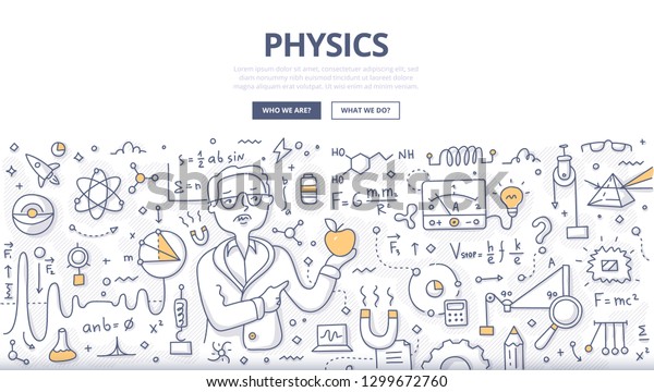 物理学の基本法則を説明する リンゴを手にした物理学者の落書き型ベクター画像コンセプト ウェブバナー ヒーロー画像 印刷物用の物理科学の手描きのイラスト のベクター画像素材 ロイヤリティフリー