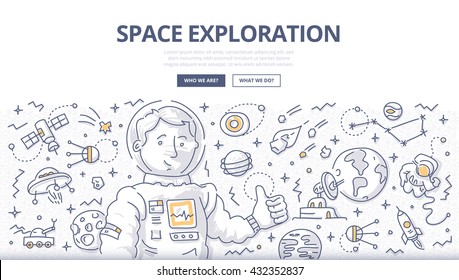 Concepto vectorial de Doodle, misión espacial y exploración de banners web, imágenes de héroes, materiales impresos