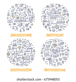 Doodle vector concepts of email strategy, page landing technology, campaign management, marketing prediction and scoring. Marketing automation concepts