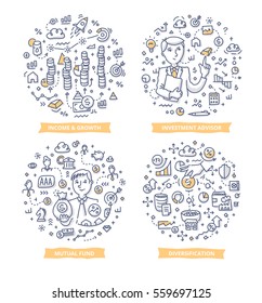 Doodle vector concepts of income & growth in business, fund raising, investment diversification and financial consulting