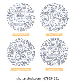 Doodle vector concepts of pc, mobile, browser and console video games. Playing games line art illustrations