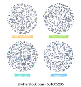 Doodle vector concepts of renewable energy, wildlife protection, saving water and green eco city. Ecology hand drawn illustrations