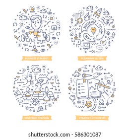 Doodle vector concepts of strategy planning, creating business plan, setting goals to success, making strategic decisions